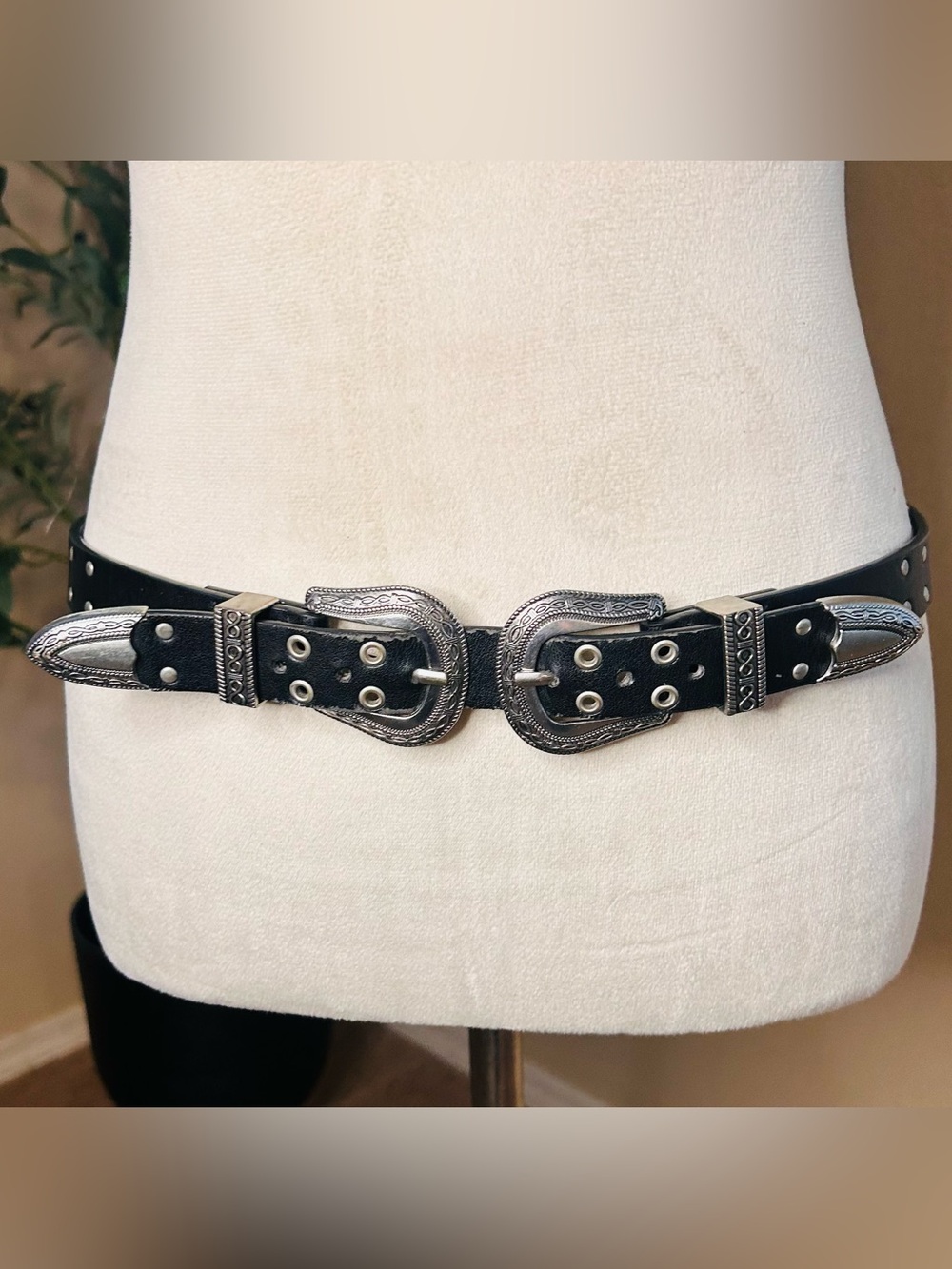 Engraved Double Buckle Belt Studded w/Rivets Retro